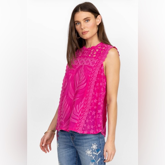 Johnny Was Tops - Johnny Was Leafy Concetta Cupra Rayon Blouse Pink Embroidered Sleeveless Top